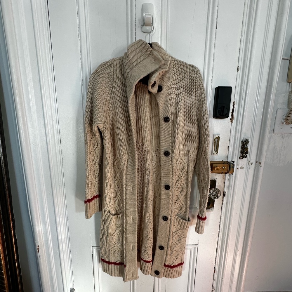 Roots Cream Cardigan with Red Accents